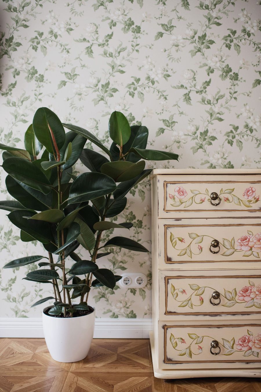 Delicate green and white floral wallpaper behind a rubber plant and a hand-painted dresser